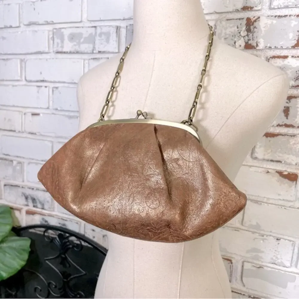 Vintage 90s Monsac Leather Gold Floral Embossed Gold Chain Handle Purse Bag
